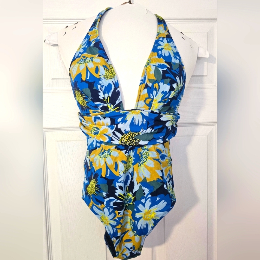 ADORE ME Blue and Yellow Floral Strappy One-piece Swimsuit - Small
